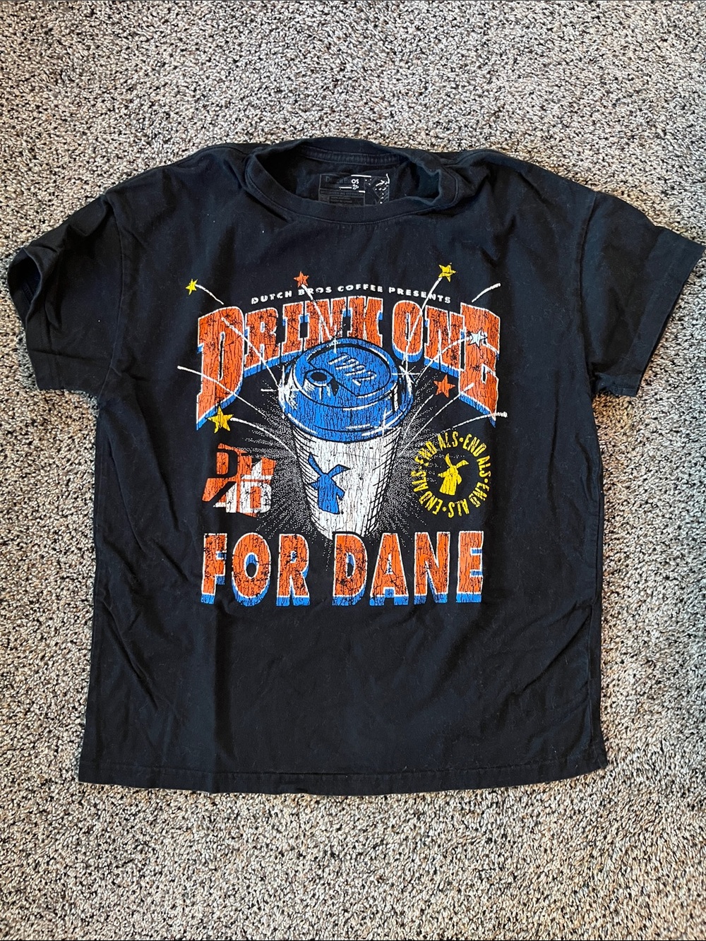 Dutch Bros Black 'Drink One For Dane' Graphic Tee with Orange & Blue Print